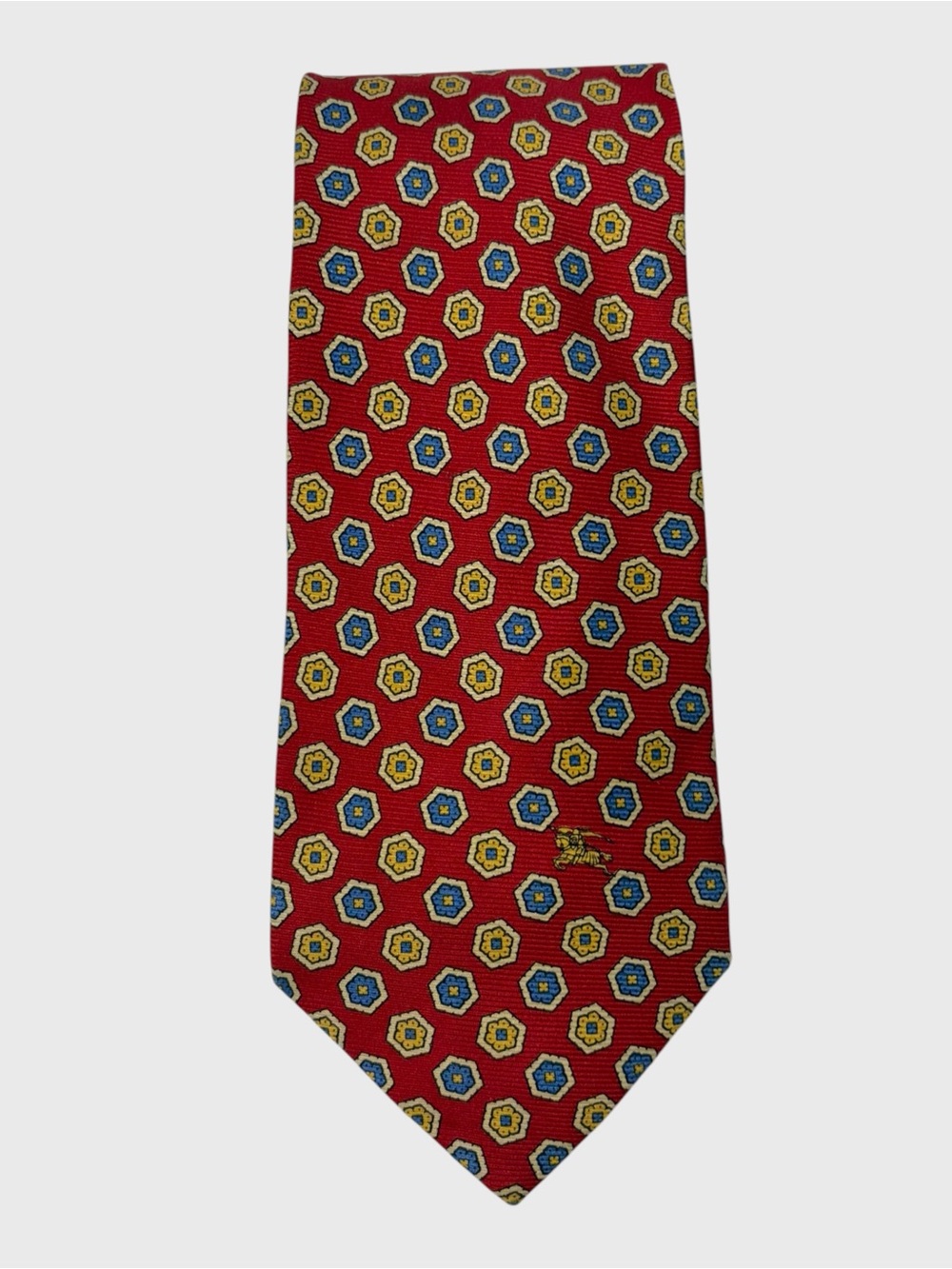 Vintage Burberry Red Blue Yellow Geometric Floral Logo Silk Neck Tie